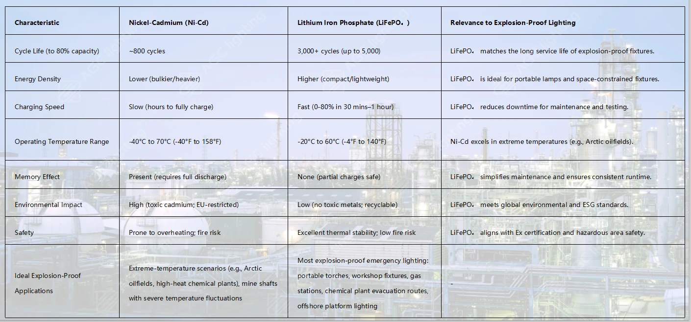 comparison between Ni Cd and LiFePO₄ batteries for explosion proof lights